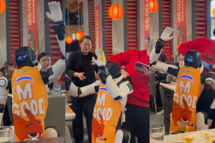 Staff restrain dancing humanoid robot after a malfunction at a California restaurant