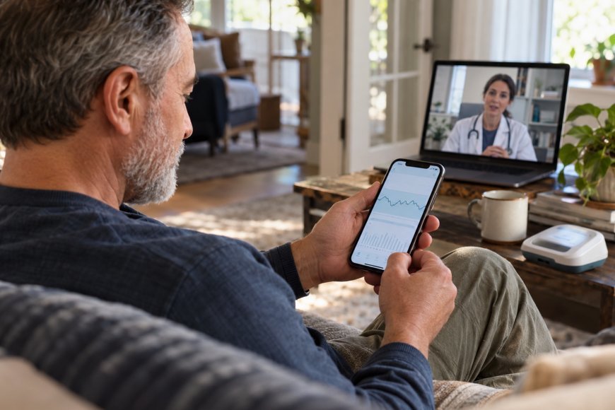 Abbott CardioMEMS heart failure monitor with a patient viewing pressure readings on a smartphone.