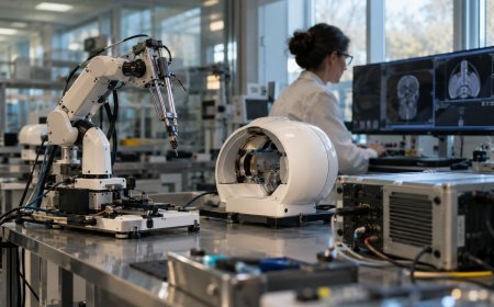 Medical device testing laboratory with advanced healthcare equipment and a specialist reviewing the technology.