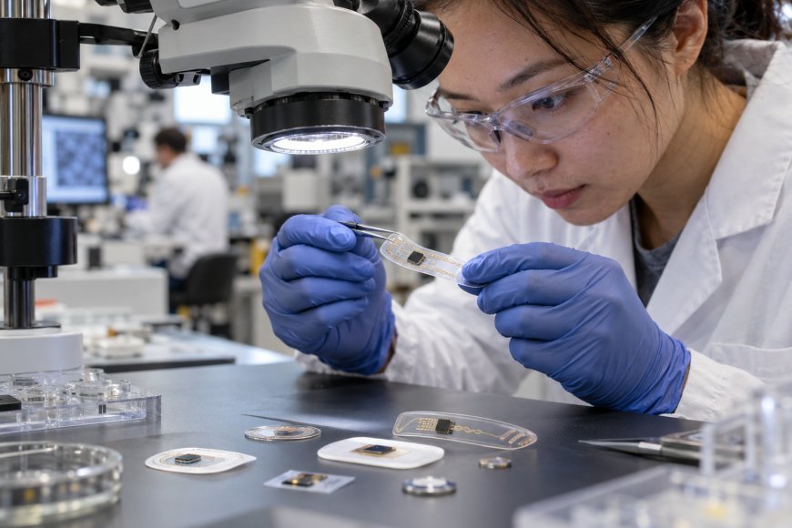 Researchers examining miniature wearable biosensors in a biomedical laboratory.