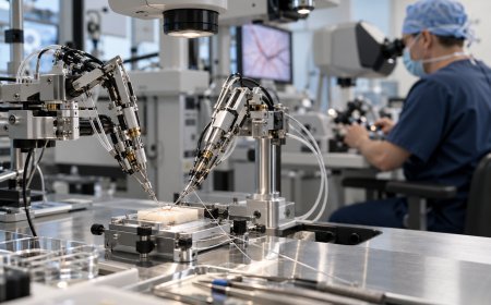 A precision robotic microsurgery system being evaluated in a modern clinical research environment.